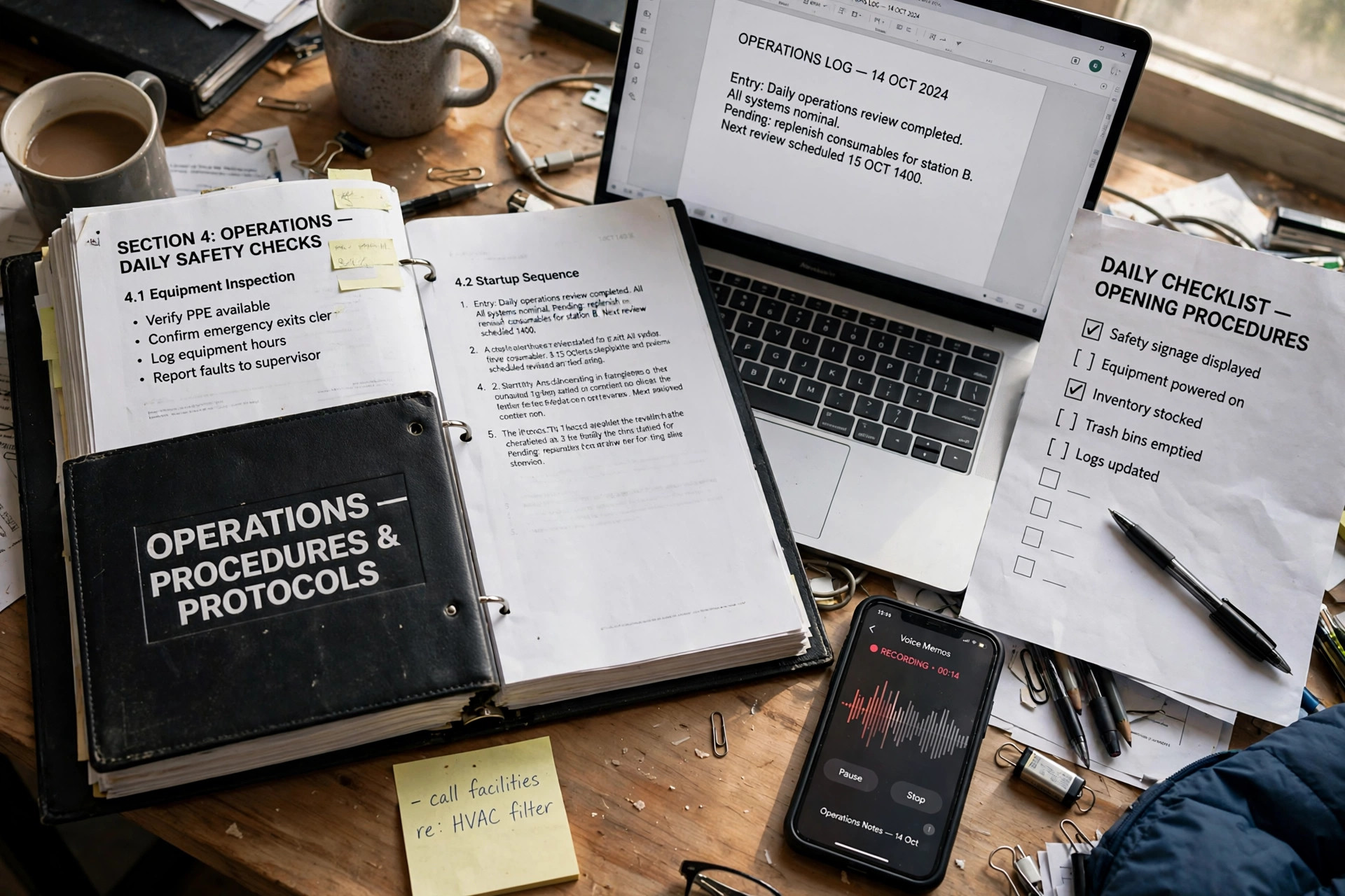 An open operations binder and printed checklist beside a laptop